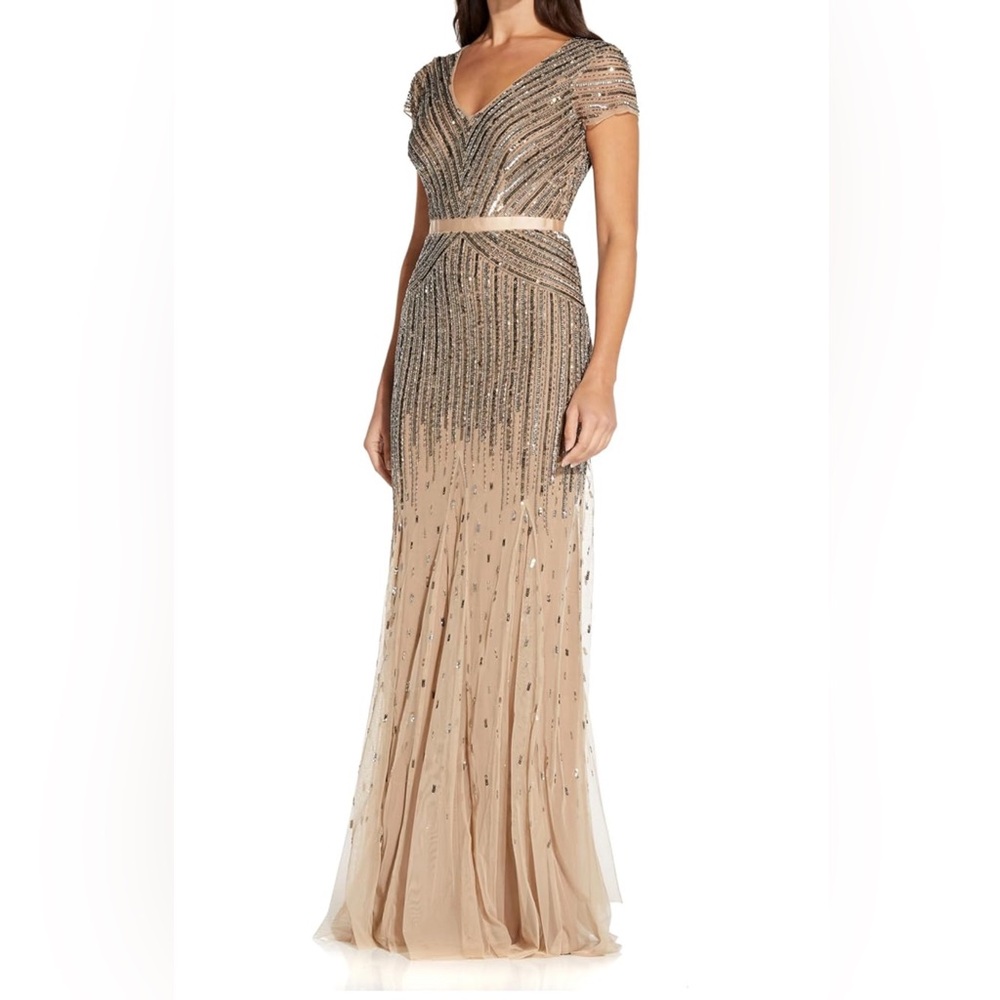 Adrianna Pappell Beaded Nude Tan Cream Cap sleeve Maxi women’s  plus size 18w